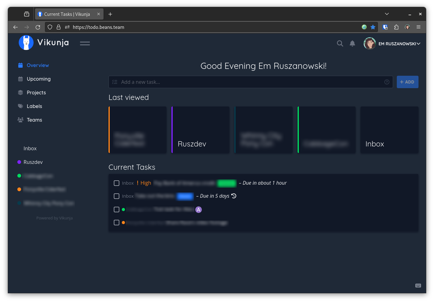 A screenshot of the dark theme Vikunja dashboard with some tasks and projects.